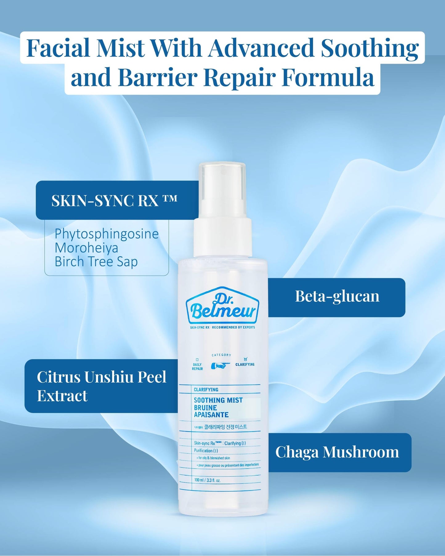 Dr. Belmeur Clarifying Soothing Mist (3.4fl oz) - Gentle, Hypoallergenic for Hydration, Soothing. Korean Skin Care. Beta-Glucan, Chaga Mushroom.