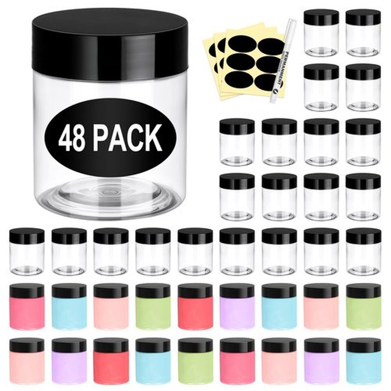 Eupako 48 Pack Plastic Jars with Lids 4 OZ - Empty Clear Cosmetics Containers with Pen and Labels, Round Small Plastic Jars with Screw On Lids for Slime, Makeup, Butter, Cream, Lotion, Pot, Dry Food