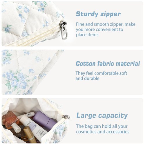 URSKYTOUS 3Pcs Cotton Quilted Makeup Bag for Women Girls Large Small Travel Floral Cosmetic Bags Set Cute Coquette Zipper Makeup Pouch for Purse Aesthetic Cloth Flower Storage Toiletry Bag Organizer