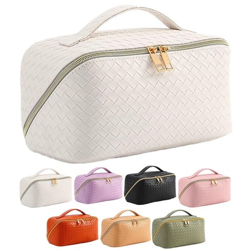 Large Capacity Makeup Bag, Cosmetic Bag Leather Woven Cosmetic Travel Bag Roomy Double Layer Makeup Bags for Women Makeup Pouch Portable Zipper Bags (White)