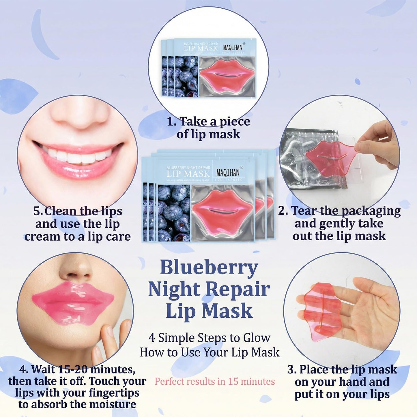 30PCS Moisturizing Lip Mask - Lip Patches for Spa Daily Labial Masks Skincare Hydrating to Reduce Wrinkles Dryness Anti-wrinkle Lightens, Blueberry