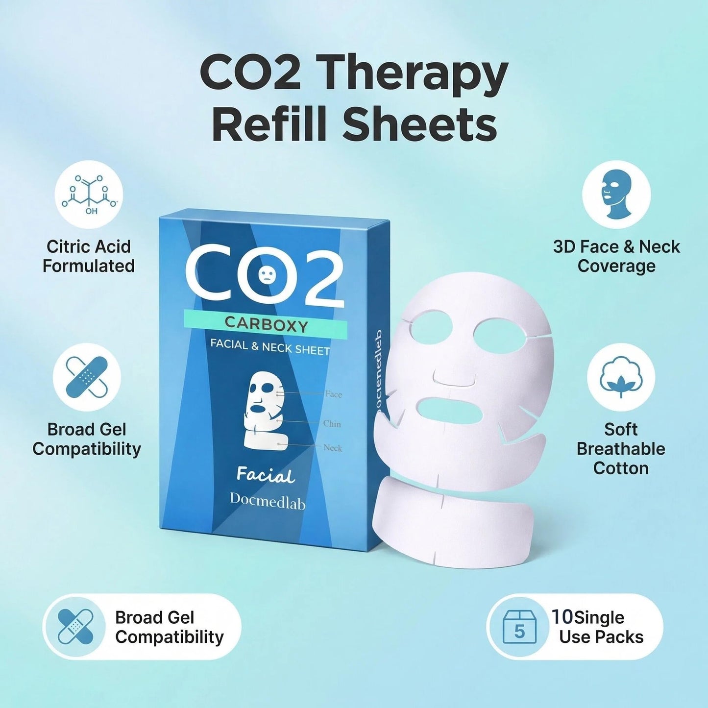 Docmedlab Carboxy CO2 Therapy Dry Facial and Neck Mask Sheets Refill, 10 Pack Individually Wrapped Single Use Cotton Sheets with Citric Acid, Use with Carboxy Gel Systems