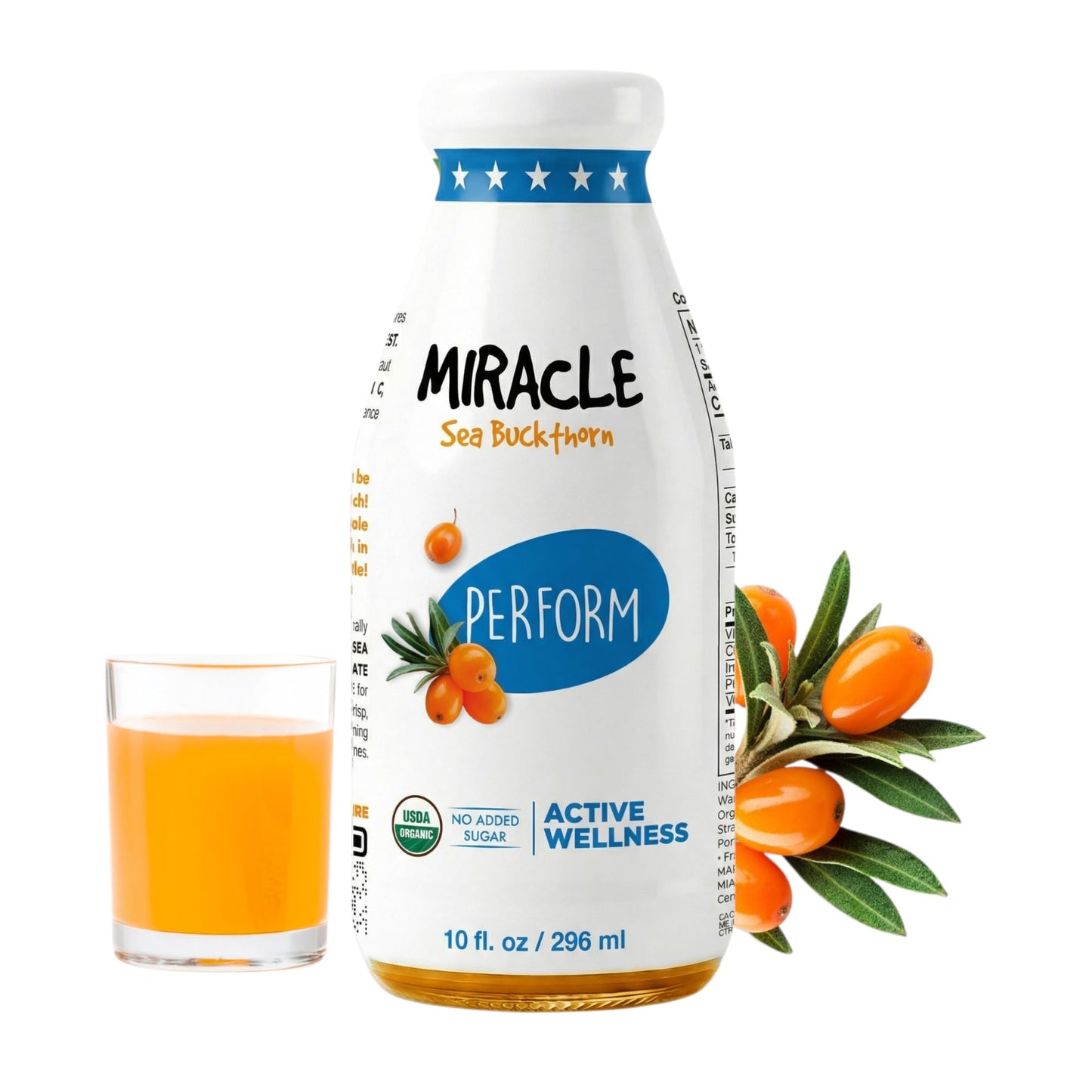Miracle Sea Buckthorn PERFORM – Organic Sea Buckthorn Juice Drink for Energy, Hydration & Performance– Natural Omega 7 & Antioxidant Support – Pure Sea Buckthorn Berry Natural Focus, Recovery & Antioxidants – No Added Sugar – 10 fl oz Glass Bottle