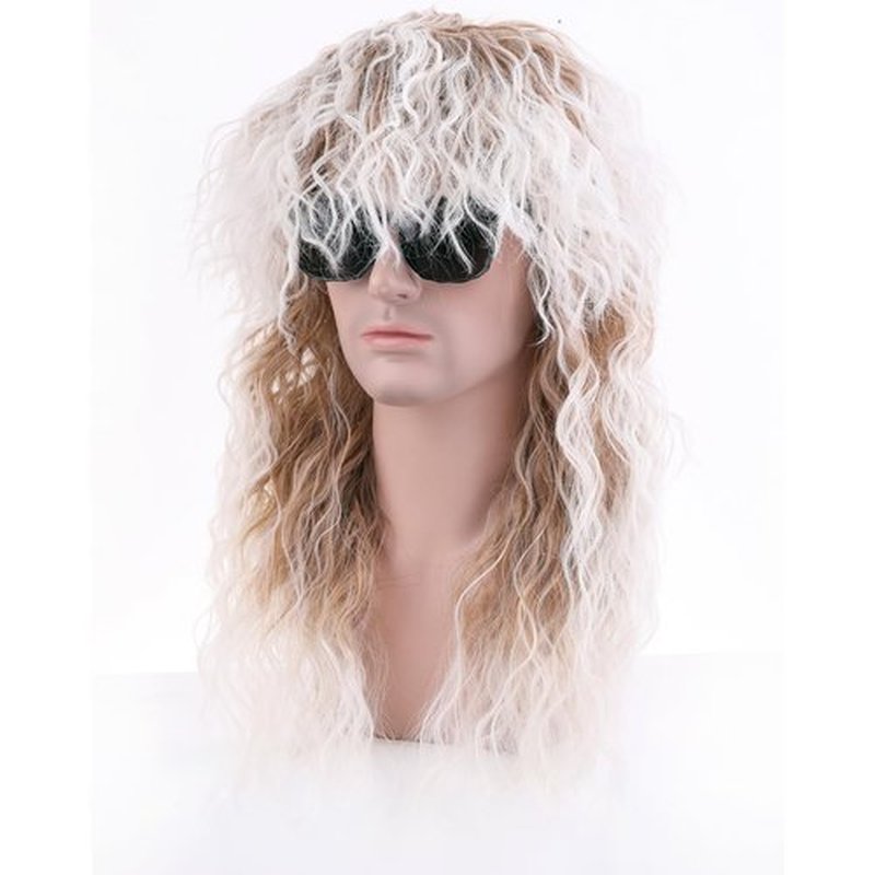 BERON 70s 80s Brown Gradient White Wigs for Men and Women Long Curly Mullet Punk Rocker Disco Wig