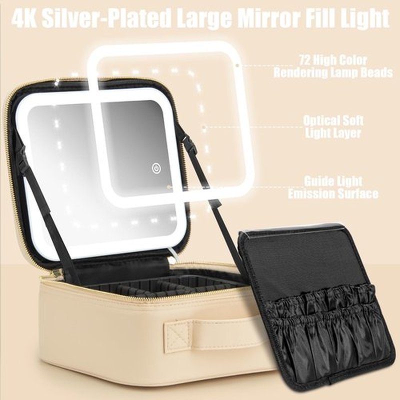 Extrei Gent Makeup Travel Train Case with Mirror LED Light 3 Adjustable Brightness Cosmetic Bag Portable Storage Adjustable Partition Waterproof Makeup Brushes Makeup Jewelry Gift for Women (Beige)