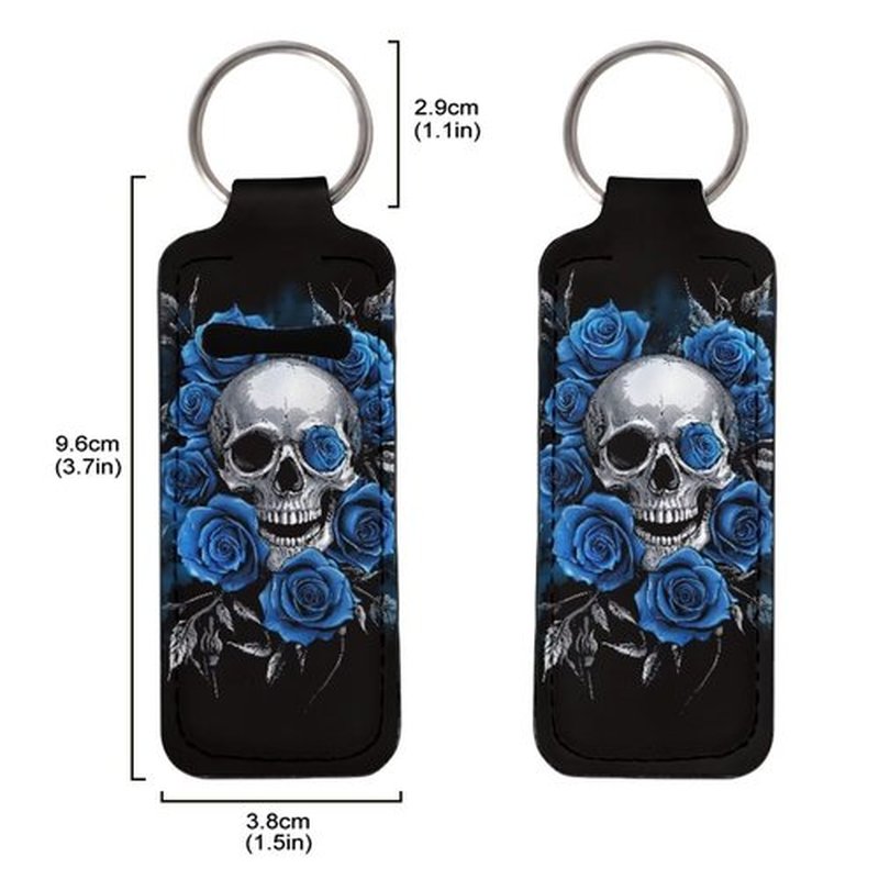 SEANATIVE Skull Roses 5 PCS Lipstick Holder Keychain Chapstick Holder Lip Balm Holder Keyring Portable Neoprene Lipstick Holder Lipstick Pouch with Metal Key Ring for Travel Carry Lipstick