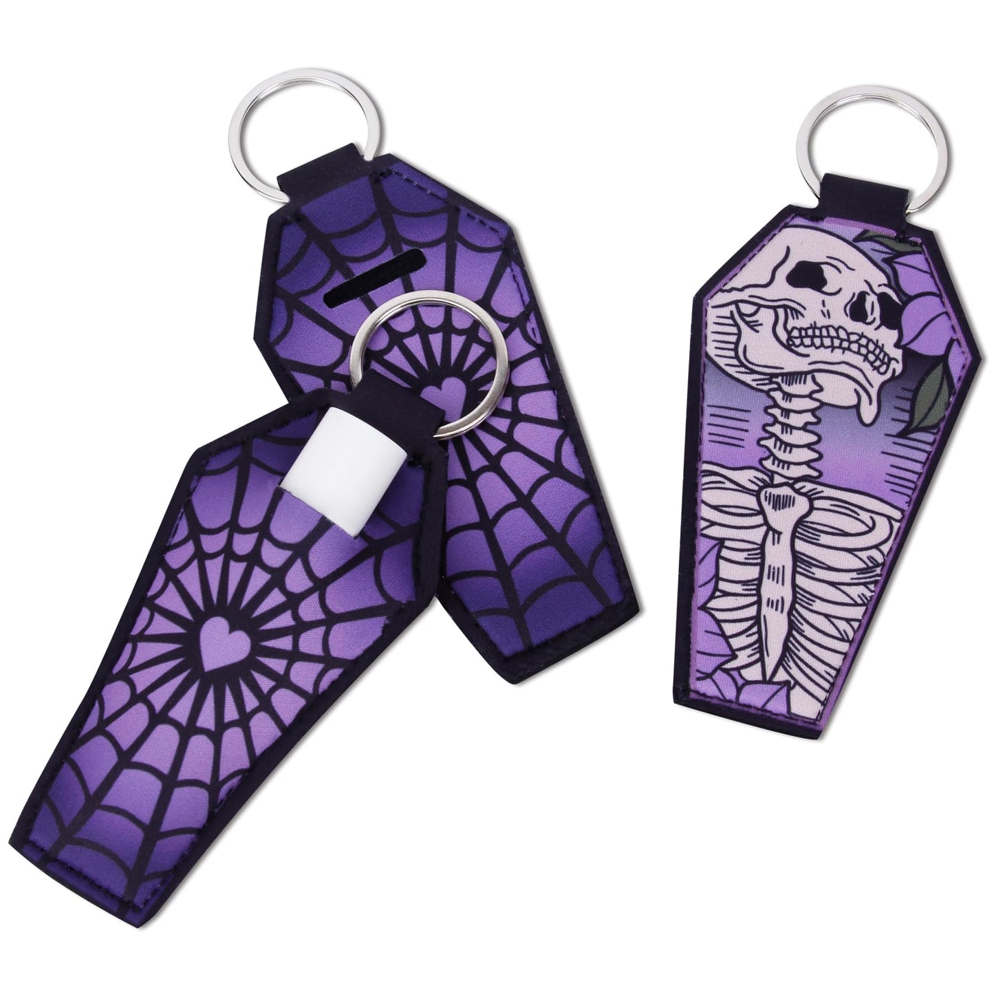KARAQY 3 Pcs Halloween Lipstick Holder Keychain, Goth Skull Coffin Chapstick Lip Balm Neoprene Gloss Keyring