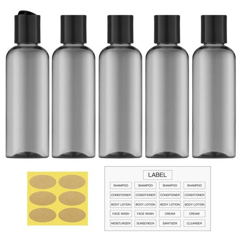 owlyee 3.4 oz Travel Bottles for Toiletries, Empty Travel Size Containers Tsa Approved, 5PCS Small Plastic Shampoo Bottles with Labels (100ml, Black)