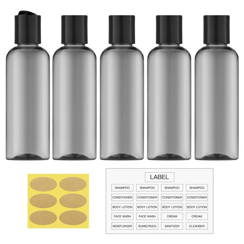 owlyee 3.4 oz Travel Bottles for Toiletries, Empty Travel Size Containers Tsa Approved, 5PCS Small Plastic Shampoo Bottles with Labels (100ml, Black)