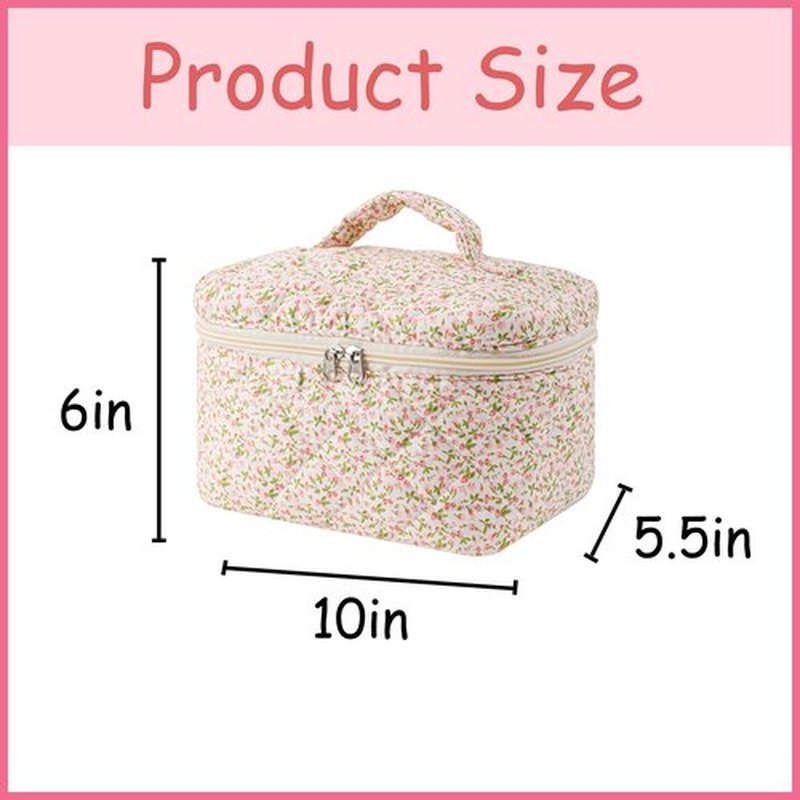 uekeboag Large Travel Quilted Makeup Bag for Women, Floral Cotton Cosmetic Bag, Coquette Aesthetic Floral Toiletry Organizer Bag(Little Pink Flower