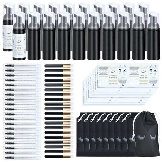 Tannova 100 Pcs Lash Shampoo Bottle Brushes Set 20 Empty Foam Pump Dispensers 20 Label Stickers 20 Mascara Wands and Tubes 20 Cleansing Brush 20 Bag for Eyelash Extensions Aftercare(Black)