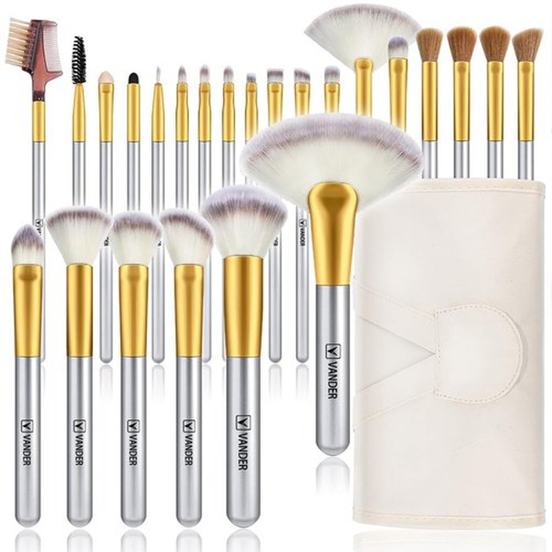 Makeup Brush Set, VANDER 24pcs Premium Synthetic Makeup Brushes for Foundation, Professional Eyeshadow, Eyeliner, Concealer Make up Brush Kit with Leather Travel Makeup bag, Champagne