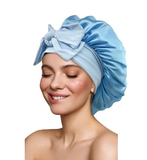 Satin Bonnet Silk Bonnet Hair Bonnet for Sleeping Large Bonnets with Tie Band Hair Wrap with Adjustable Straps Hair Cap Night Sleep Caps for Women Curly Braid Hair Sky Blue