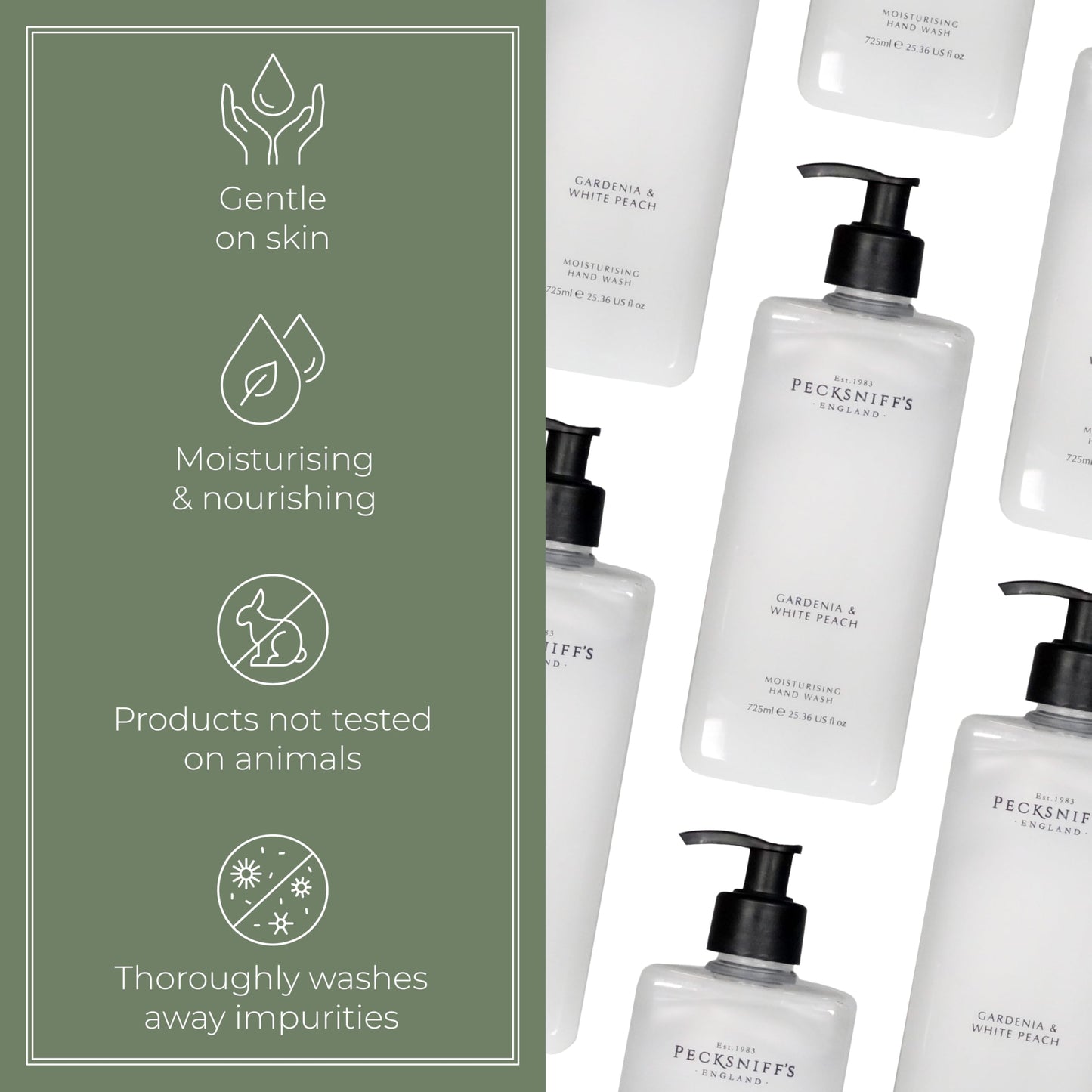 Pecksniff's Gardenia & White Peach Hand Wash – Luxury Liquid Hand Soap 725 ml/24.52 fl oz, Softening, Hydrating, Revitalising, Cruelty-Free, Made in England