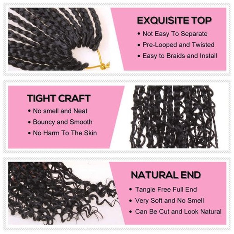 COOKOO 10 Inch Goddess Box Braids Crochet Hair With Curly Ends 8 Packs Bohemian Hippie Box Braids Pre-looped Crochet Hair Synthetic Crochet Braiding Hair for Black Women 1B#