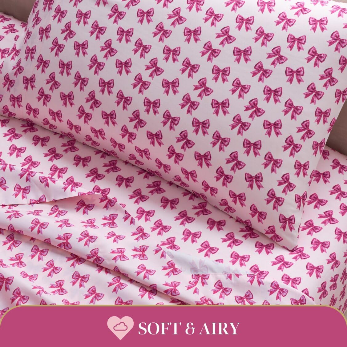 Paris Hilton Twin Size Sheets Set – 3 Piece Microfiber Bed Sheets with Fitted Sheet, Flat Sheet & Pillow Cover, Fits up to 13" Mattress Deep Pocket Twin Sheet Set for Women, Bows, Pink