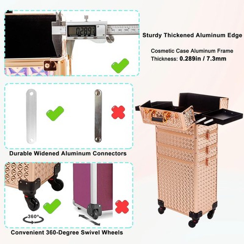 AROUS 5 in 1 Professional Makeup Train Case Aluminum Cosmetic Case Rolling Makeup Case Extra Large Trolley Makeup Travel Organizer, with 360° Swivel Wheels, Gold