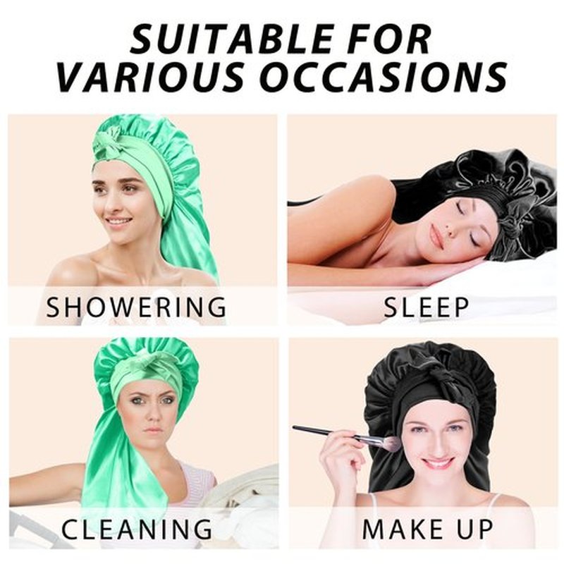 2Pcs Bonnets for Black Women Braid Bonnet, Large Long Satin Bonnet for Braids, Silk Bonnet with Stretchy Tie Band Sleep Cap Hair (2Pcs-Black&Green)
