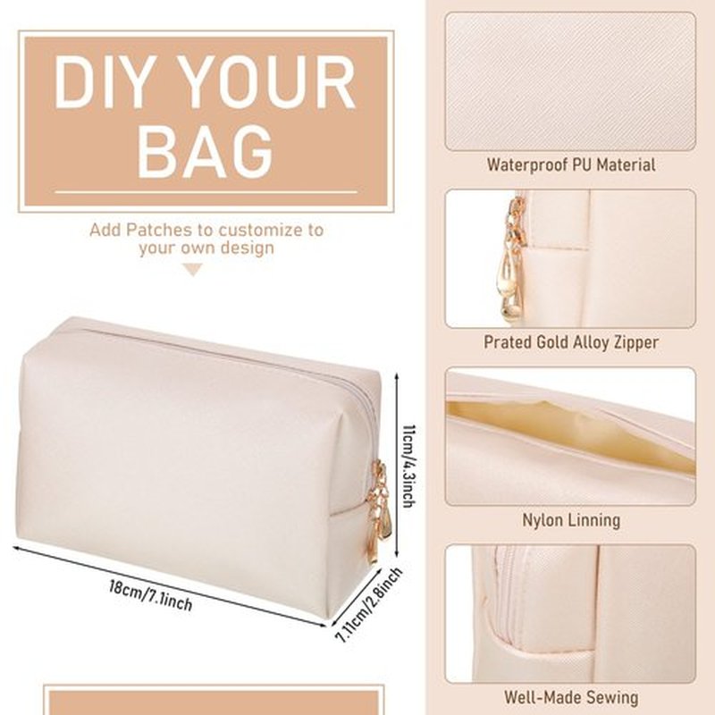 6 Pcs Preppy Patch Makeup Bag PU Leather Cosmetic Bag Waterproof Neat Travel Toiletry Pouch Portable Makeup Bag for Women Friends Cosmetic Organizer Travel Toiletry Pencil Case (White and Gold)