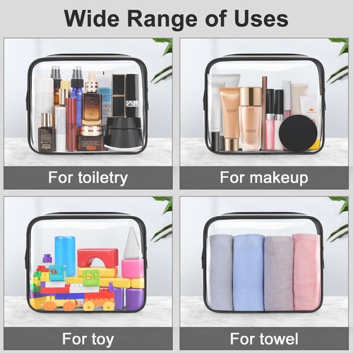 Wedama Clear Toiletry Bag, Cosmetic Bags 3 Pack with Zipper Carry on Airline Airport Travel Accessories, PVC Makeup Bags for Travel, Clear Travel Bags for Women and Men-Black