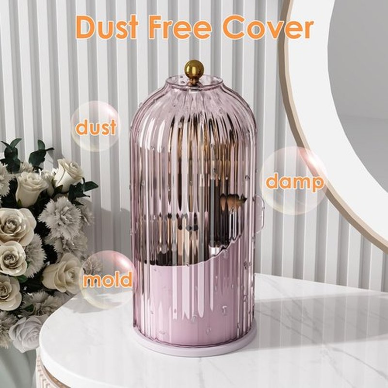 YOOLENS Makeup Brush Holder Organizer with Lid,360 Rotating Clear Dustproof Makeup Brushes Organizer for Vanity Desktop Bathroom Countertop, Pink