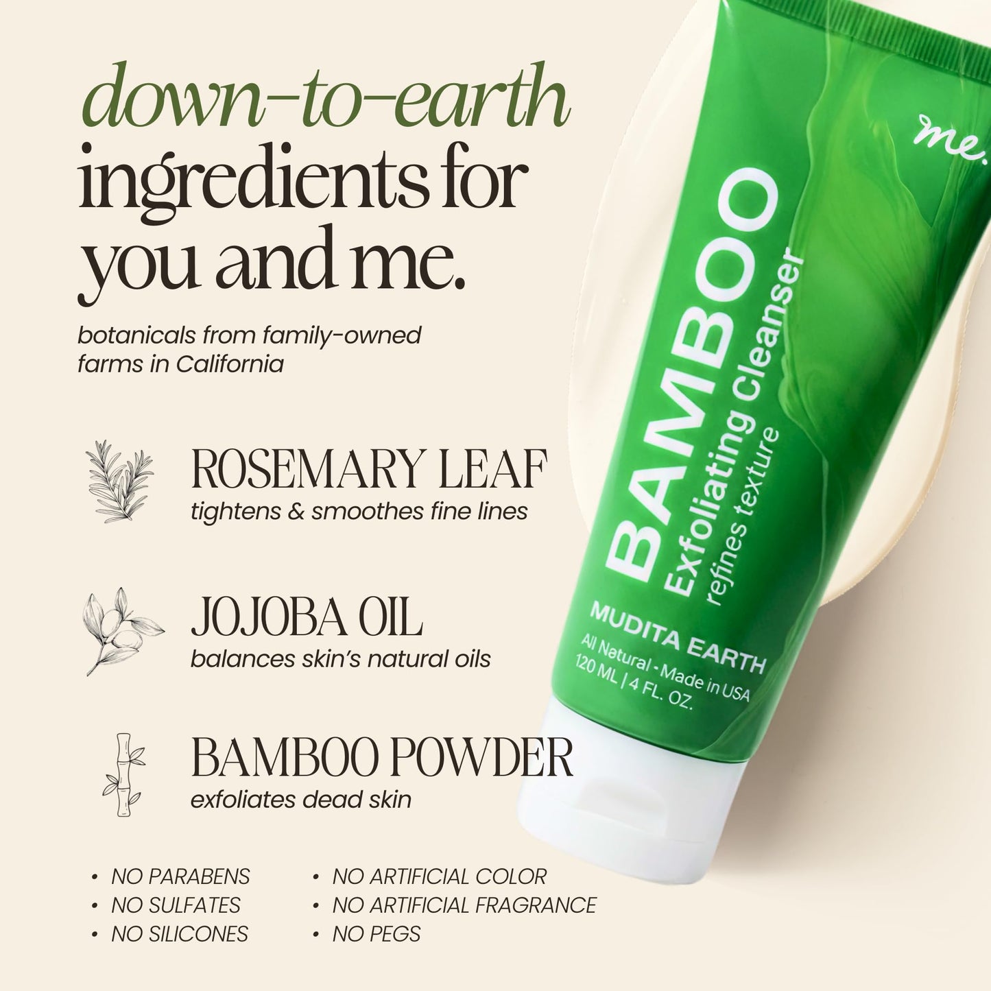 Exfoliating Face Scrub with Bamboo & Papaya Enzyme for Sensitive Skin – Minimizes Pores & Clears Blackheads | Shea Butter & Jojoba | Derm-Tested, Vegan & Fragrance-Free | 4oz | Mudita Earth