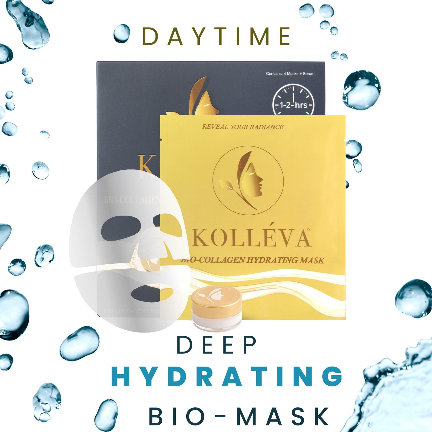 Kolléva Bio-Collagen Hydrogel Face Masks - Instant 2-Hour Radiant Glow & Deep Hydration, Clinical-Grade Anti-Aging - 4 Pack with Activating Serum, USA Innovation