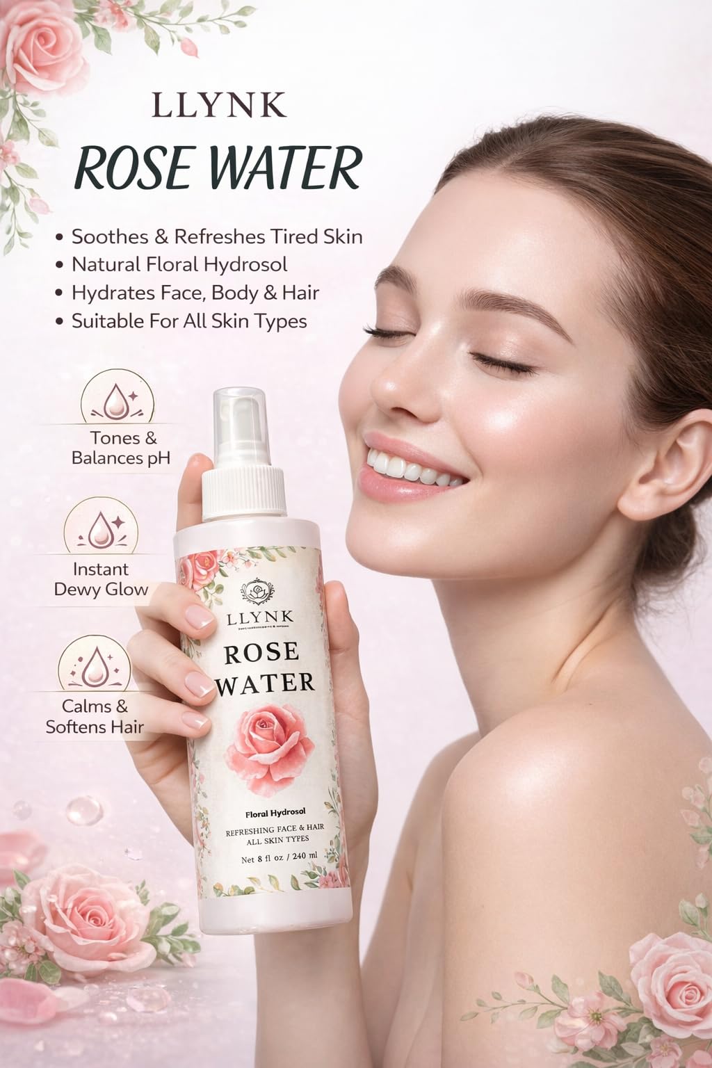 LLYNK Rose Water Facial & Hair Spray, 8 fl oz Hydrating Mist, Refreshing Toner for Skin & Scalp, Alcohol-Free, Hydrates and Soothes