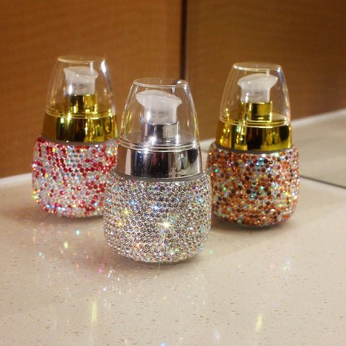 Rhinestone Travel Portable 30ml Lotion Dispensing Empty Bottle - Luxury Bling Glass Cosmetic Empty Container - Press Pump Design for Easy Dispensing - Ideal for Beauty On-The-Go (Golden)