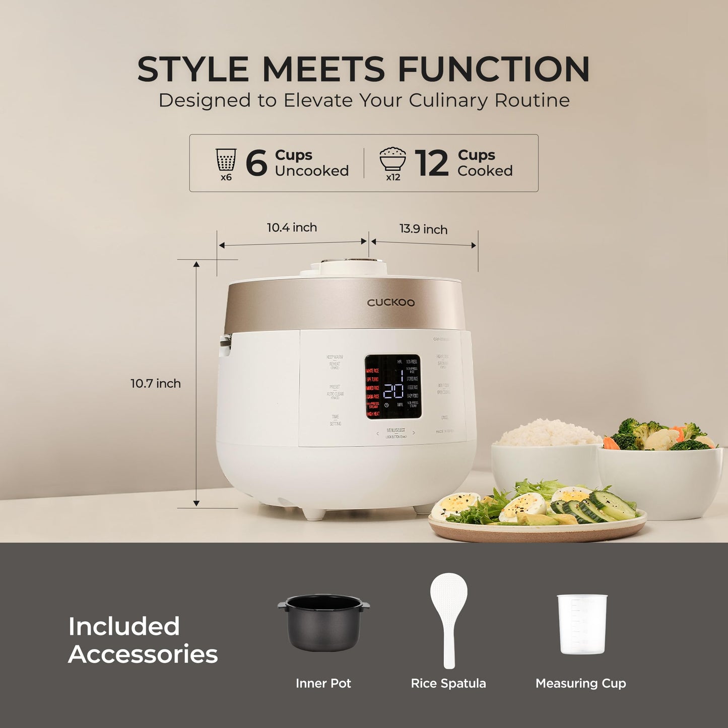 CUCKOO Twin Pressure Rice Cooker 6-Cup Uncooked / 12-Cup Cooked with Nonstick Inner Pot, Versatile Rice Maker & Warmer with 16 Menu Options, Open Cooking Mode, Voice Guide, White (CRP-ST0609FW)