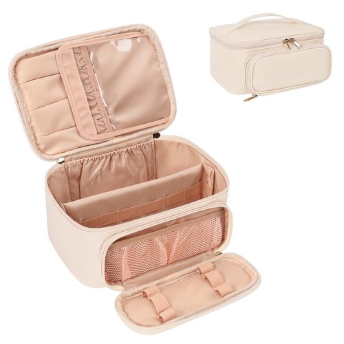 OCHEAL Makeup Bag, Multifunctional Make Up Bags Large Compact Makeup Bag Organizer Cosmetics Toiletry Brushes Storage Case for Women Girls Makeup Case with Handle Divider-Beige