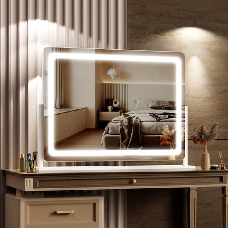 Gvnkvn Makeup Vanity Mirror with Lights - 24WX18.9L Large LED Lighted Mirror with 10X Magnification and USB Charging Port, Phone Holder, Smart Touch 3 Colors Dimmable, 360° Rotation Black,