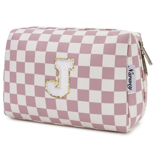 Narwey Personalized Initial Makeup Bag Toiletry Bag Gifts for Women Girls Large Checkered Makeup Bag Zipper Pouch Travel Cosmetic Bag Organizer for Women (Dusty Rose Checkerboard Letter J)
