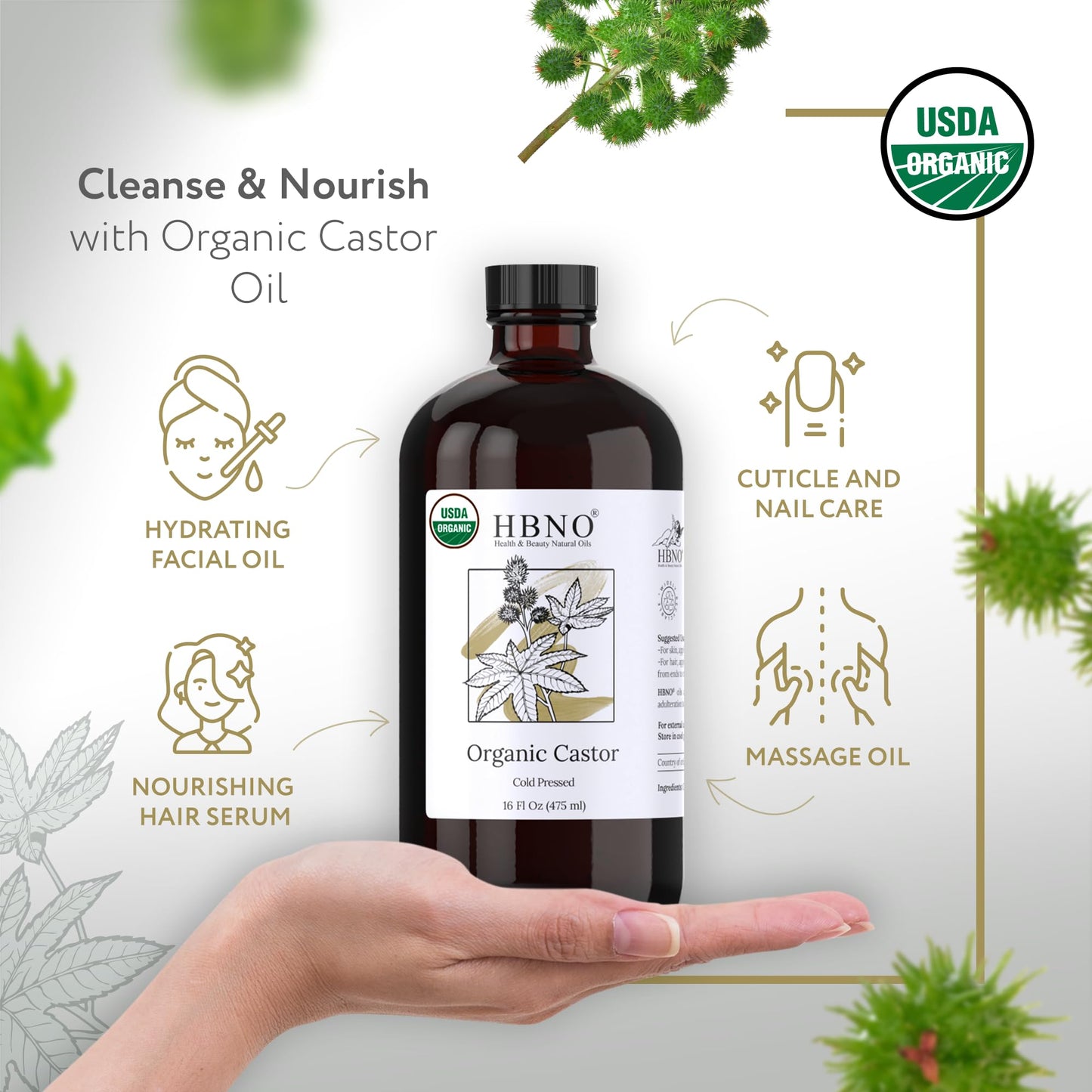 HBNO Organic Castor Oil - 16 oz (475ml) Value Size - Ideal for Shampoos, Conditioners, Mouth Washes, Face wash, Lotions, and Skin care products (Glass Bottle)