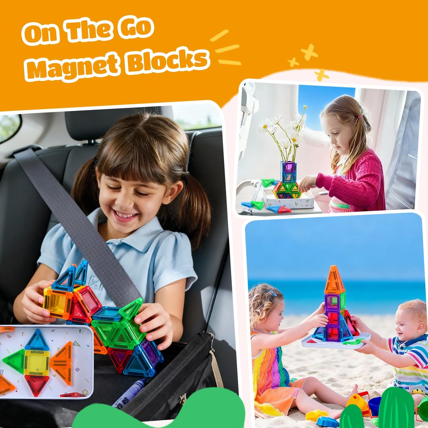 ZNZ Mini Magnetic Tiles 48PCS Travel Set with Case, Portable Magnetic Blocks Building Toys, Montessori Preschool Classroom Must Haves Sensory STEM Toys, Birthday Gift for Boys Girls Ages 3-8