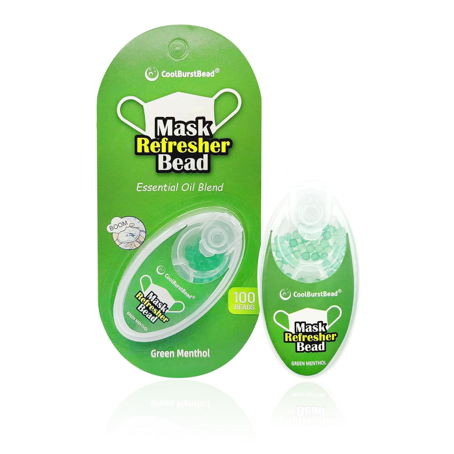 CoolBurstBead Menthol Beads for Face Mask Refresher, Long-Lasting & Strong Refreshing Fragrance, with Natural Essential Oils from Herbs and Plants (100 beads/pack), Pack of 2, Green Menthol