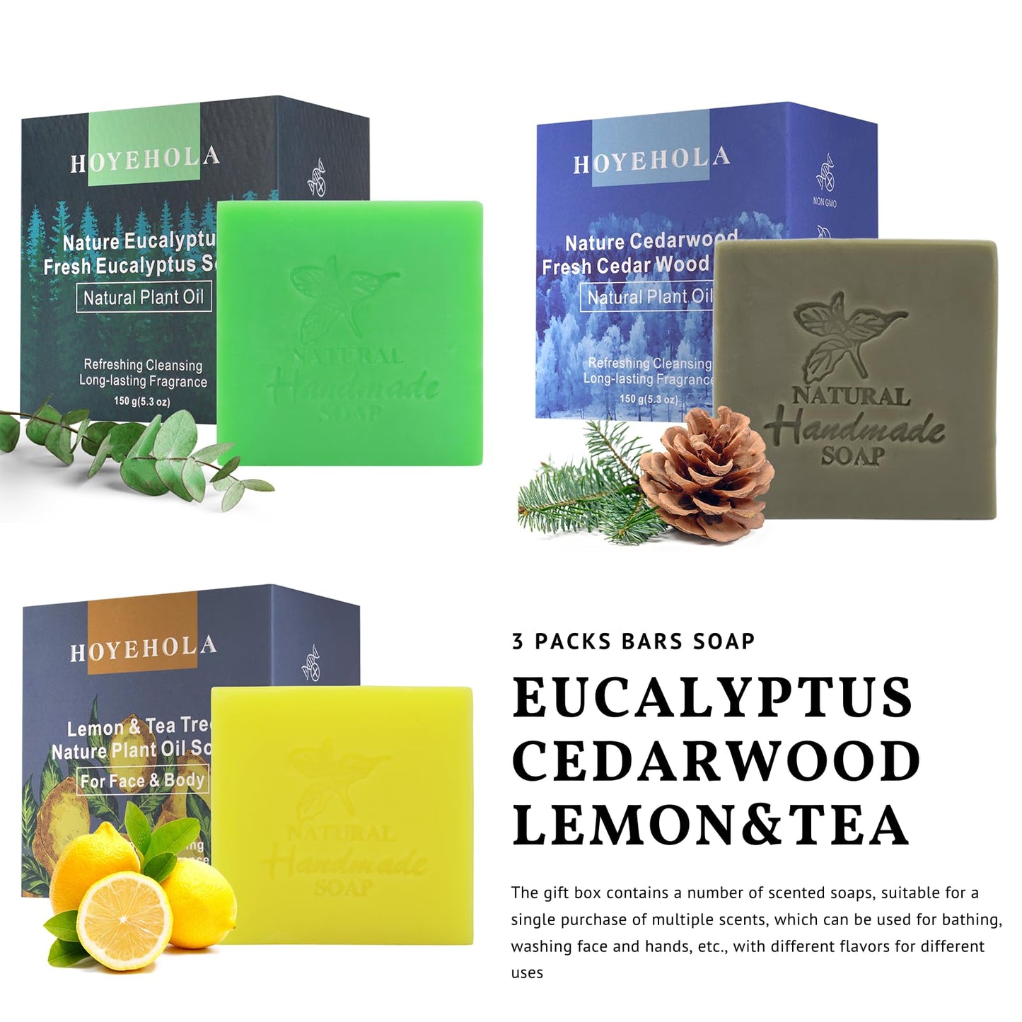 HOYEHOLA 3Pcs Natural Soap Bars for Bath Wash - Fresh Plant Essential Oils Eucalyptus, Cedarwood, Lemon Soap Bars for All Skin Type