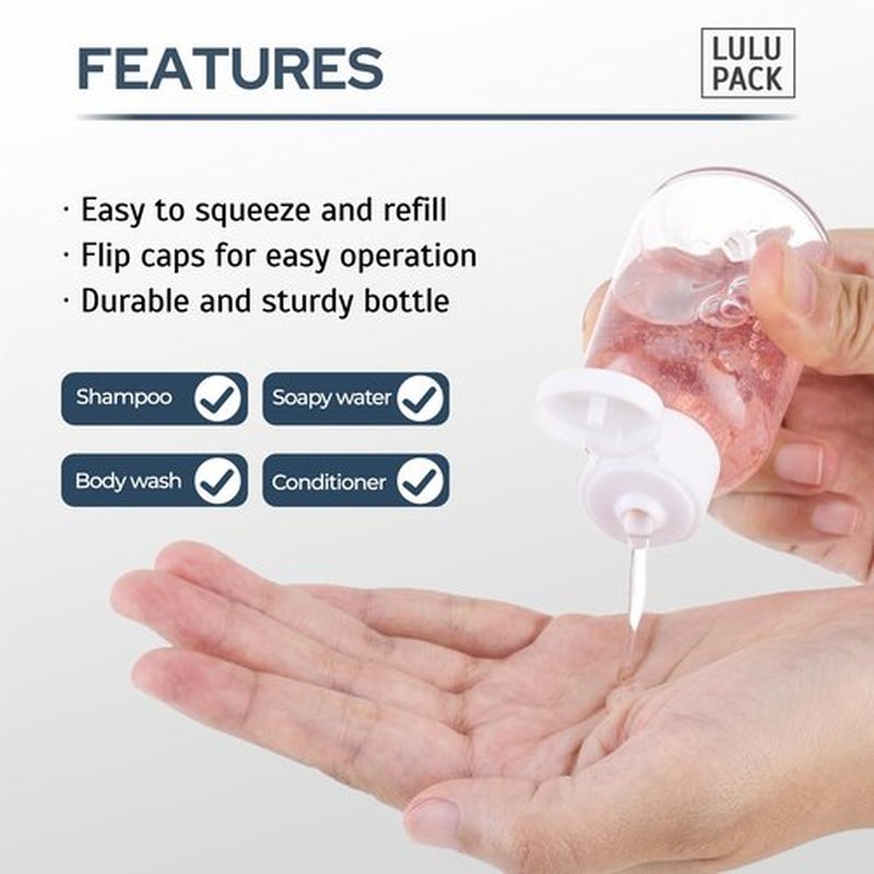 Lulupack Travel Bottles for Toiletries, 50ml/1.6oz Plastic Small Travel Size Containers for Shampoo (9pcs, White Caps)
