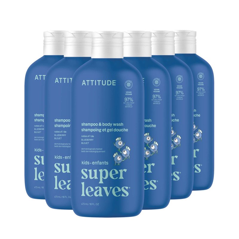 ATTITUDE Shampoo and Body Wash for Kids, EWG Verified Hair and Body Cleanser, Dermatologically Tested Soap, Plant and Mineral Based Bath Products, Vegan, Blueberry, 16 Fl Oz (Pack of 6)