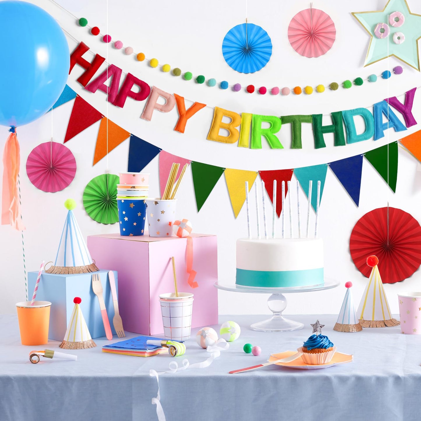 Danadia Rainbow 3D Happy Birthday Banner, Pre-Strung Felt Party Decorations