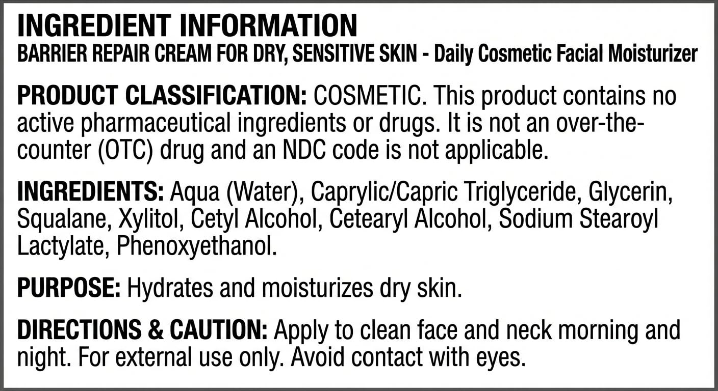 Barrier Repair Cream for Dry, Normal, or Sentitive Skin, Strengthens Barrier, Fast-Absorbing Hydration, Suitable for Dry, Seborrheic, Normal & Sensitive Skin - Dermatitis Gentle Ingredients