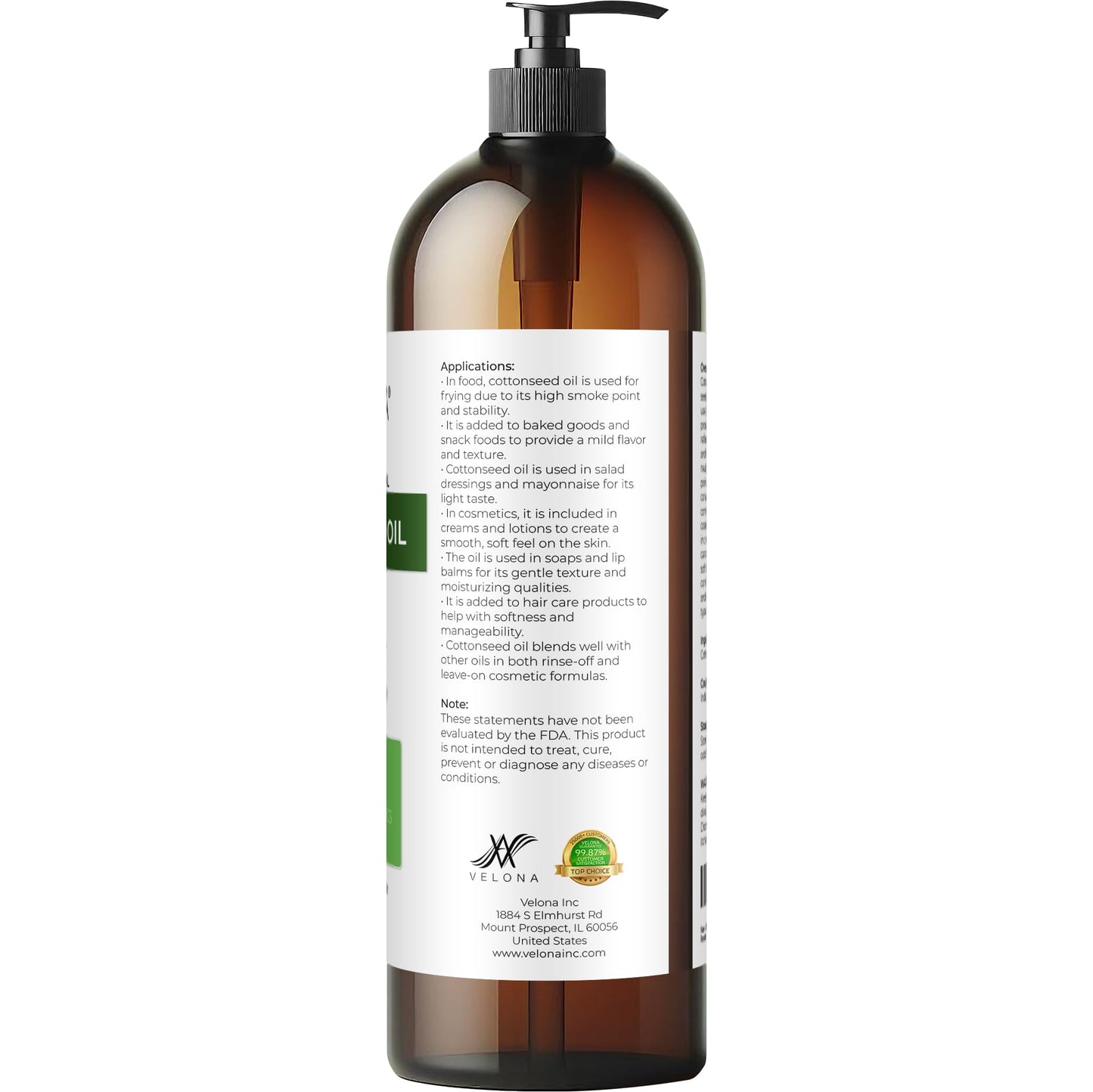 Cotton Seed Oil by Velona - 32 Fl Oz | 100% Pure and Natural Carrier Oil | Refined, Cold pressed | Cooking, Skin, Face, Body, Hair Care | Use Today - Enjoy Results