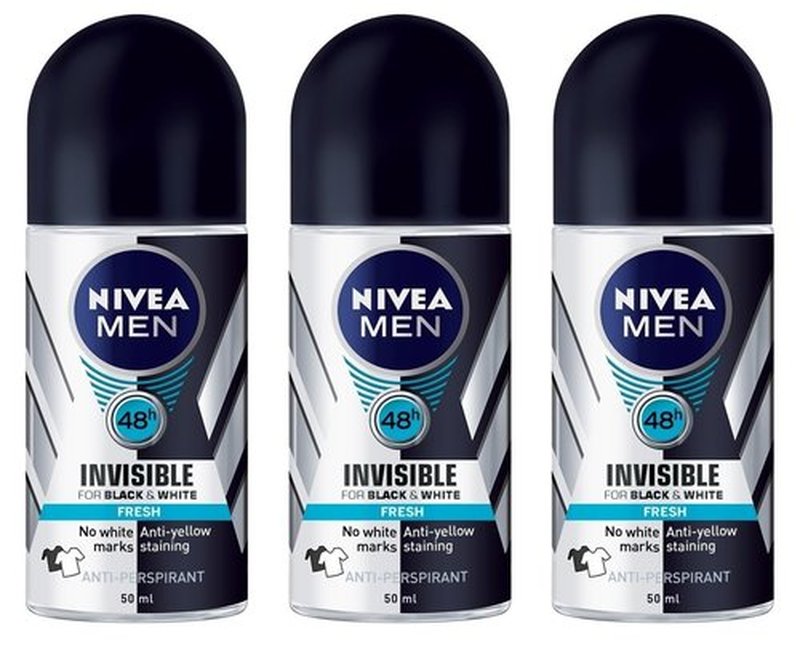 (Pack of 3 Bottles) Nivea INVISIBLE FOR BLACK & WHITE FRESH Scent Men's Roll On Anti-perspirant Deodorant (Pack of 3 Bottles, 1.7oz / 50ml Each Bottle)
