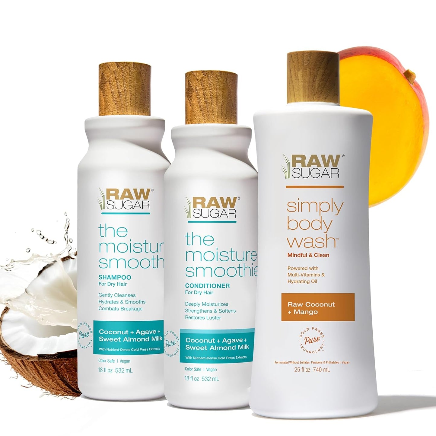 Raw Sugar Moisture Smoothie Shampoo and Conditioner Set, Moisturize & Nourish Dry Hair, Bulk Shampoo and Conditioner with Coconut Oil, Agave & Sweet Almond Oil, Formulated without Sulfates & Parabens
