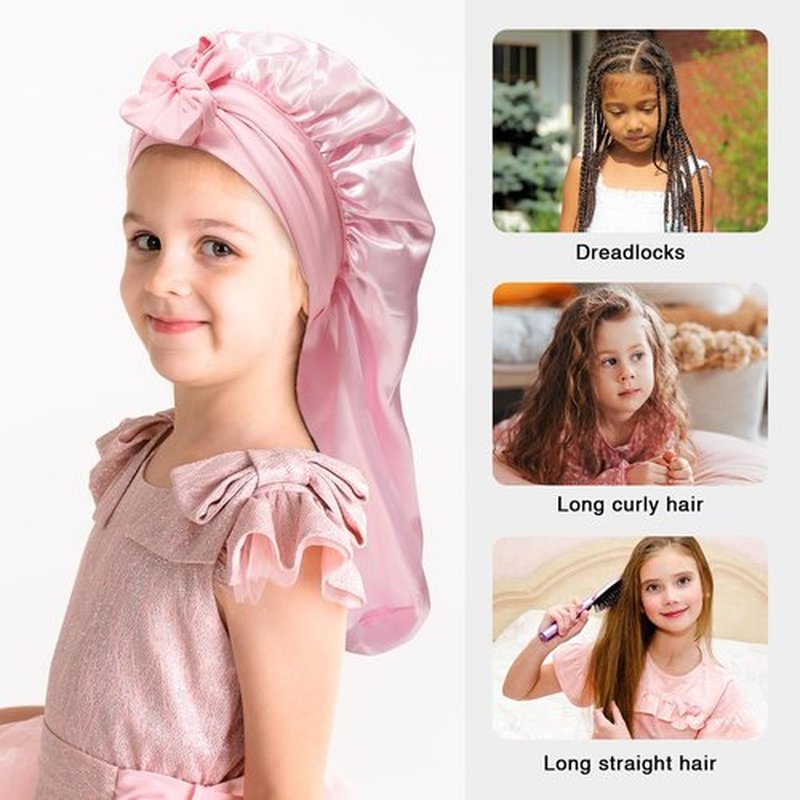 Kids Long Hair Bonnet for Sleeping - Double Layer Girls Elastic Satin Bonnet with Tie Band for Braid Curly Hair (Pink)