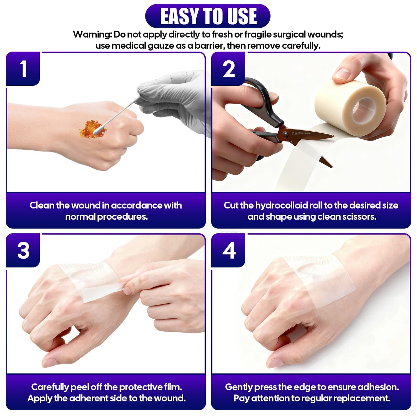 Hydrocolloid Roll for Wound Care, Medical-Grade Absorbent Pimple Patch Roll, Hydrocolloid Bandages with Self-Adhesive, Waterproof, DIY Size & Shape First Aid Kit Essential(2in*4.8ft)