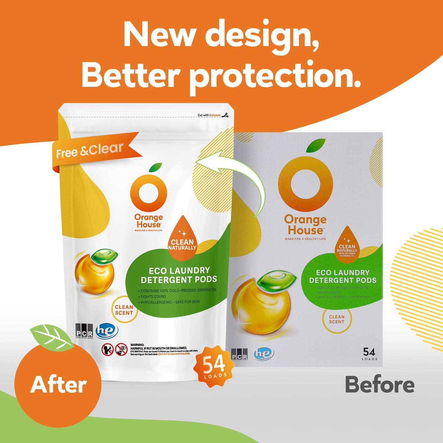 ORANGE HOUSE Laundry Detergent Pods, Natural Plant-Based Detergent with Orange Oil｜Hypoallergenic, Child-Resistant Pouch, Free & Clean, Scent-Free, HE & Standard Machine Compatible. 54 Count