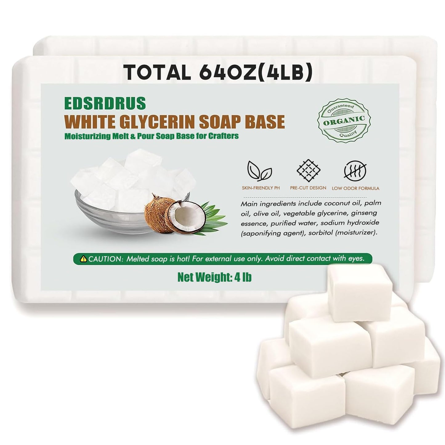 EDSRDRUS 4LB Unscented Glycerin Soap Base DIY Handmade Moisturizing Melt and Pour Soap Base for Crafting, Vegetable Glycerin & Coconut Oil, Easy to Cut (White,4LB)