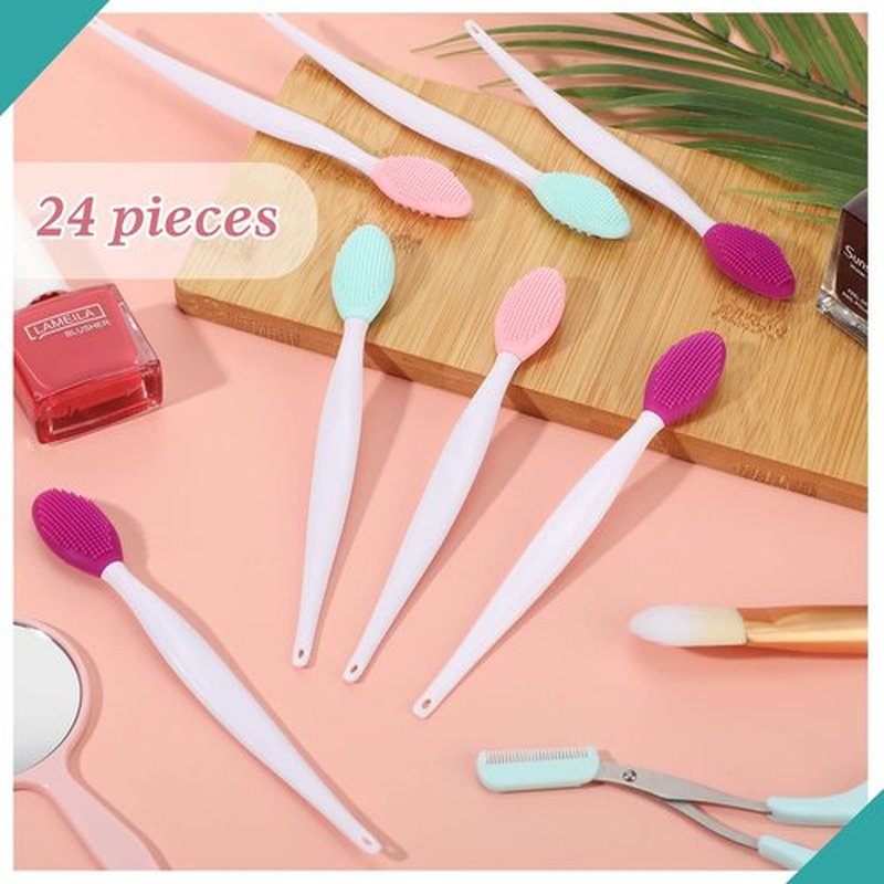 24 Pcs Silicone Exfoliating Lip Brush with Container, Double Sided Silicone Lip Scrubber Soft Cleaning Lip Brush Face Cleaning Applicator for Plump Smoother Lip Appearance (Pink, Green, Purple)