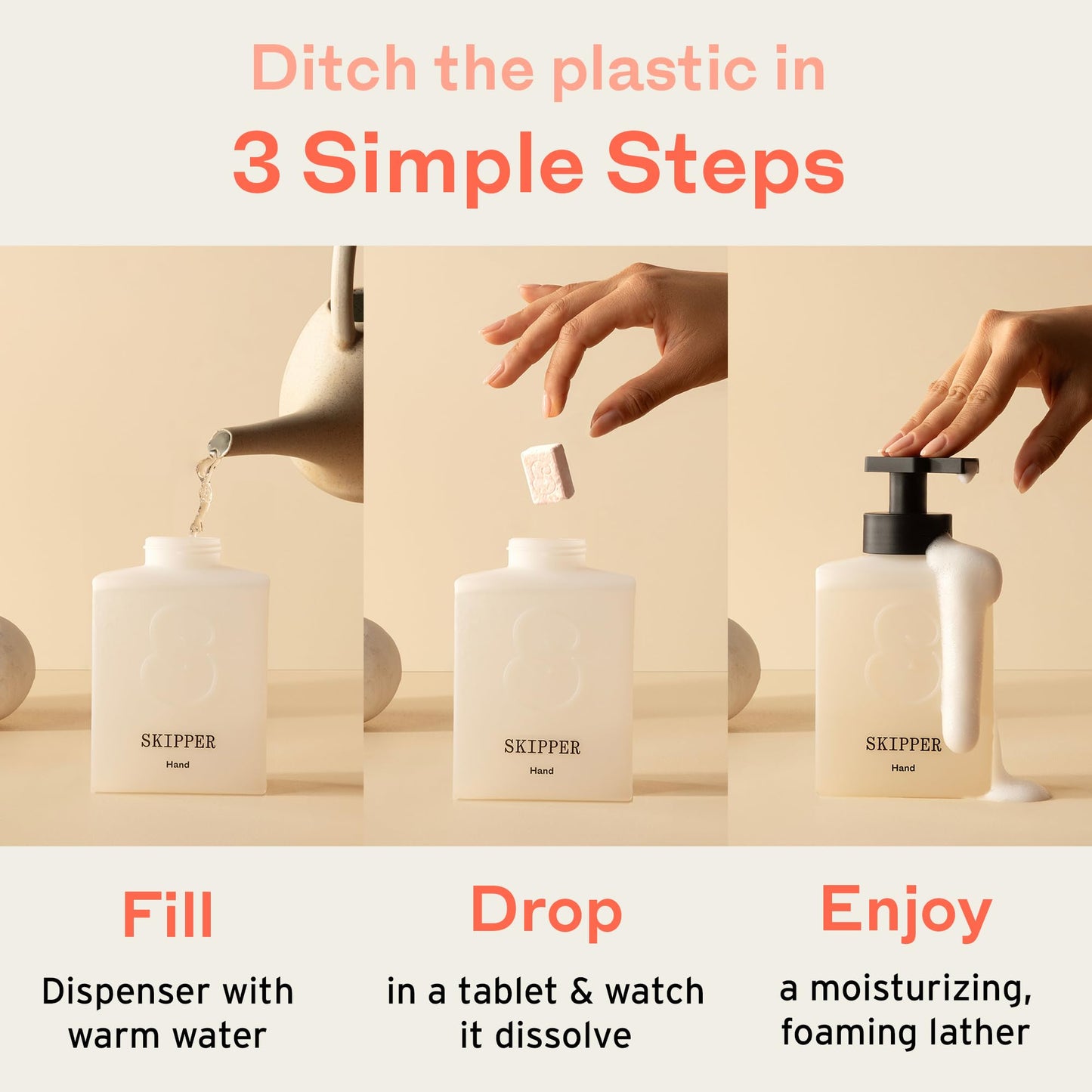 Tirtyl Skipper Foaming Hand Soap Tablet Refills - 12 Pack - 96 fl oz total (12x 8 fl oz) - Rebranded - Compostable Packaging - Vanilla, Coconut & Chai
